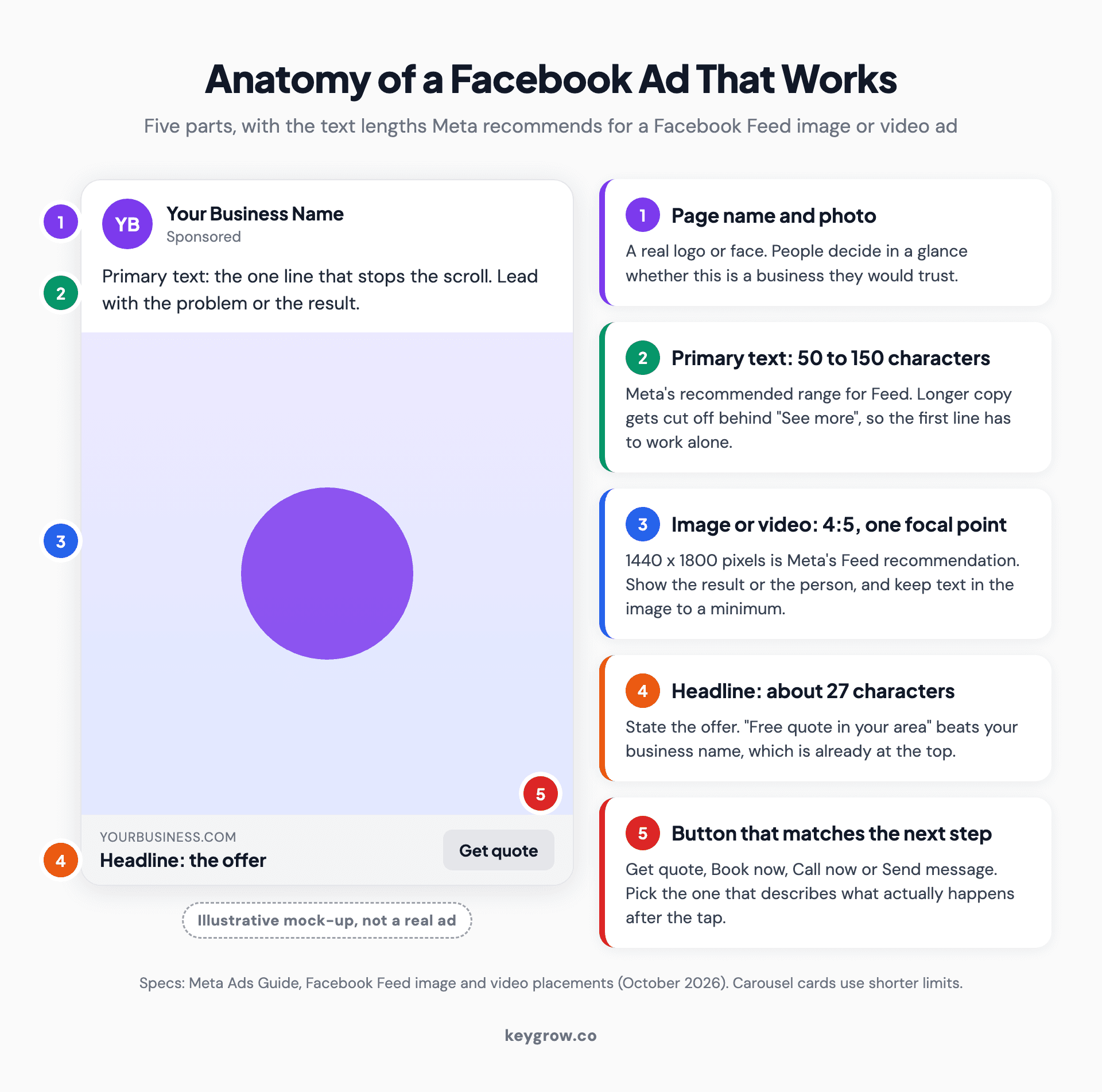 Annotated mock-up of a Facebook Feed ad with five numbered parts: page name and photo, primary text of 50 to 150 characters, a 4:5 image or video with one focal point at 1440 x 1800 pixels, a headline of about 27 characters that states the offer, and a call-to-action button such as Get quote that matches what happens after the tap.