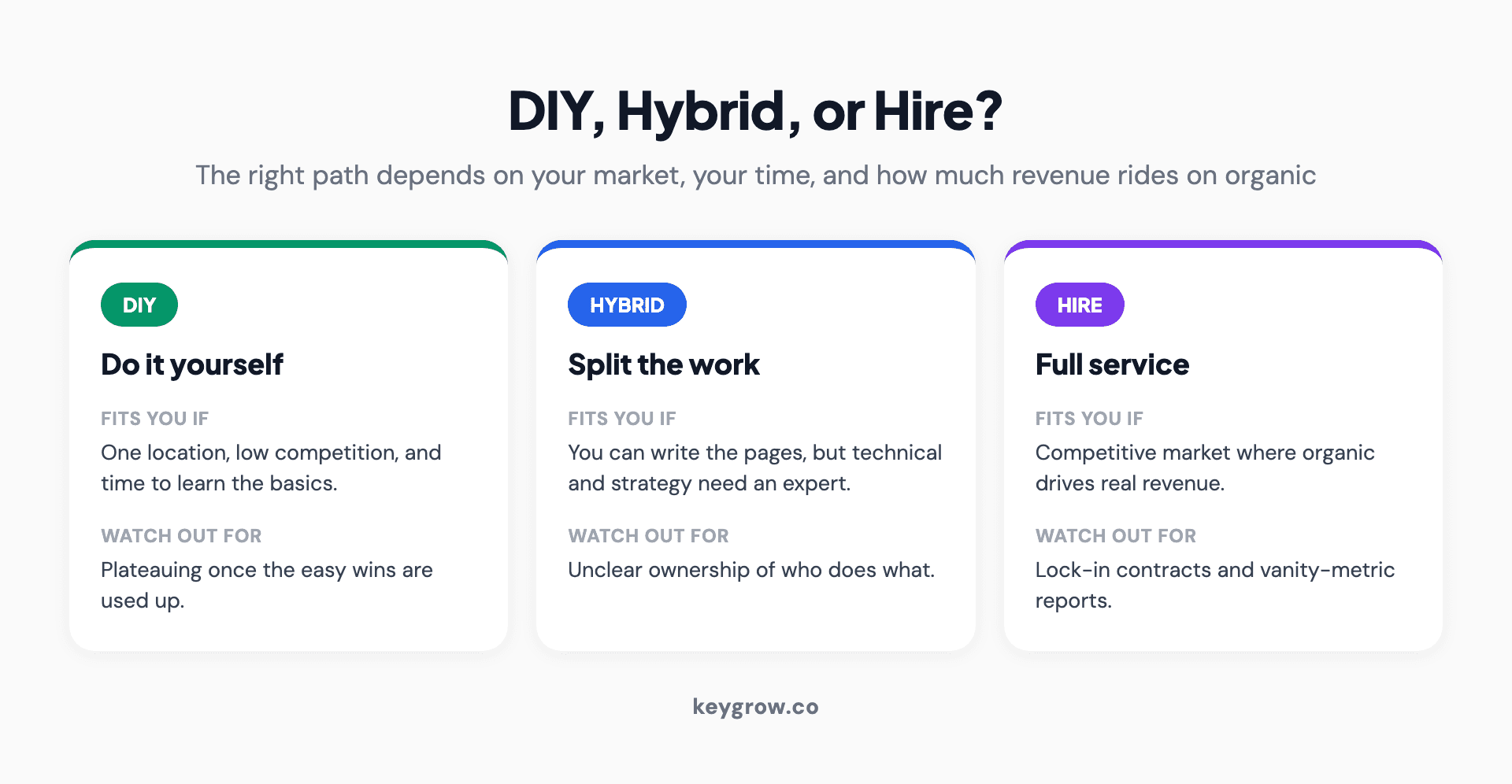 Decision-path infographic showing three SEO paths: DIY for low-competition single locations with time to learn, hybrid where the owner does content and an expert handles technical and strategy, and full service for competitive markets where organic drives revenue.