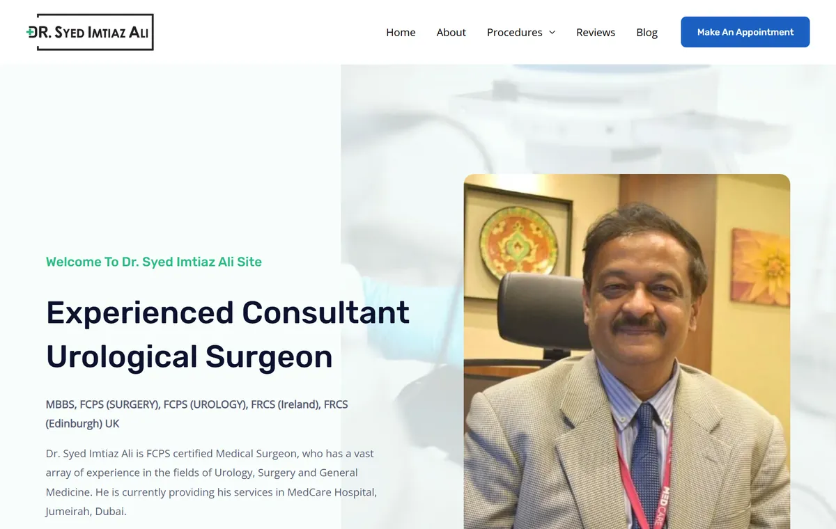 Full page design of the Dr. Imtiaz private medical practice website built by KeyGrow, from the appointment headline through the treatment information and booking section.