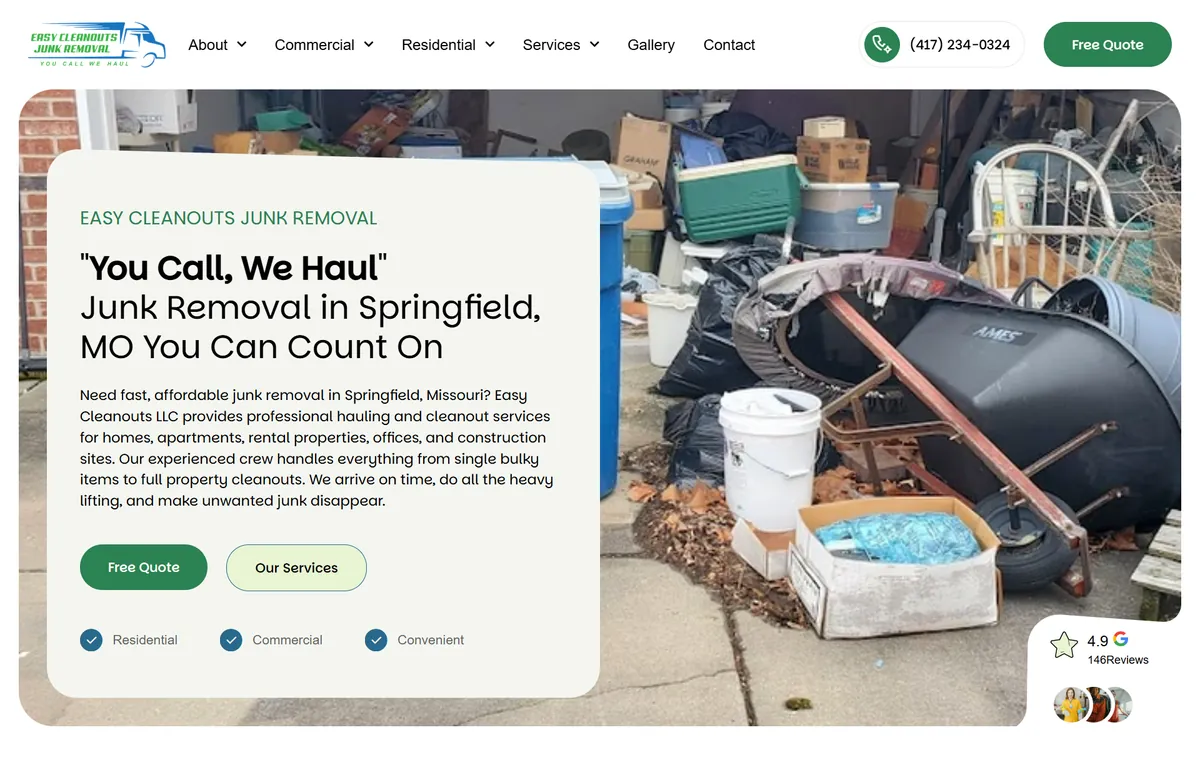 Full page design of the Easy Cleanouts junk removal website built by KeyGrow, from the quote headline through the service list, service areas and contact form.