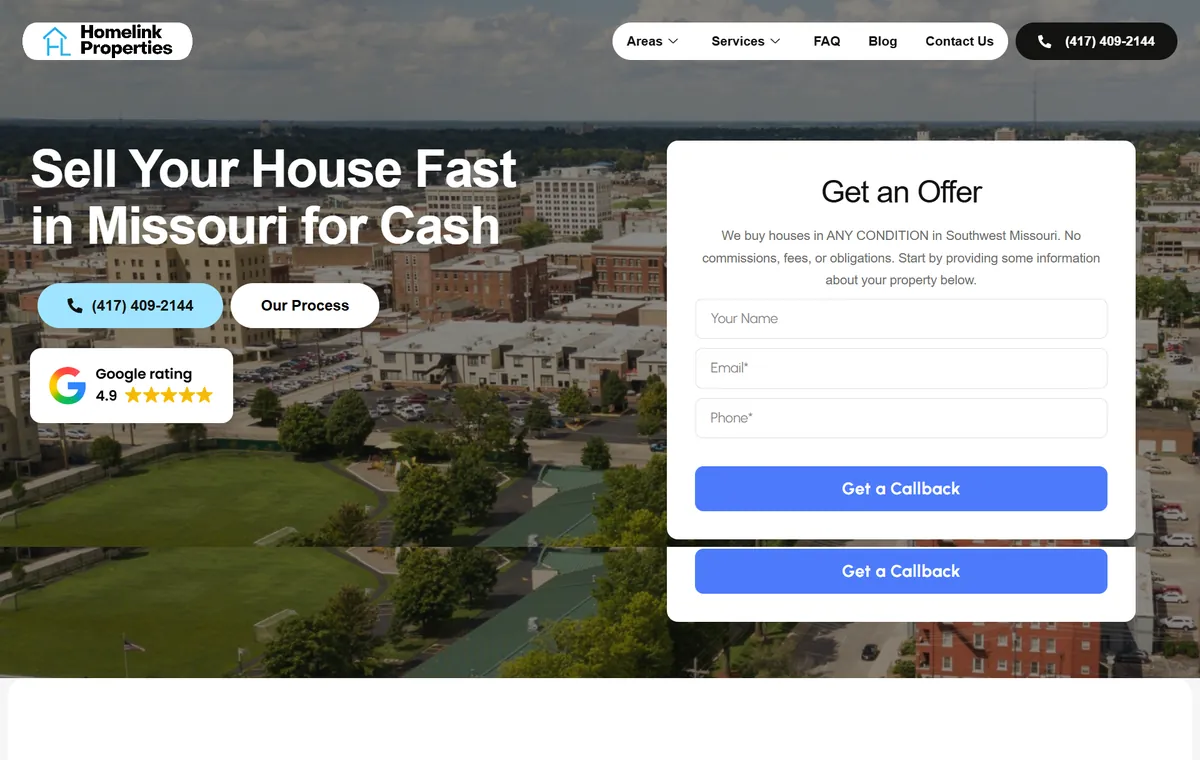 Full page design of the HomeLink Properties cash home buyer website built by KeyGrow, from the offer headline through the selling process and seller form.