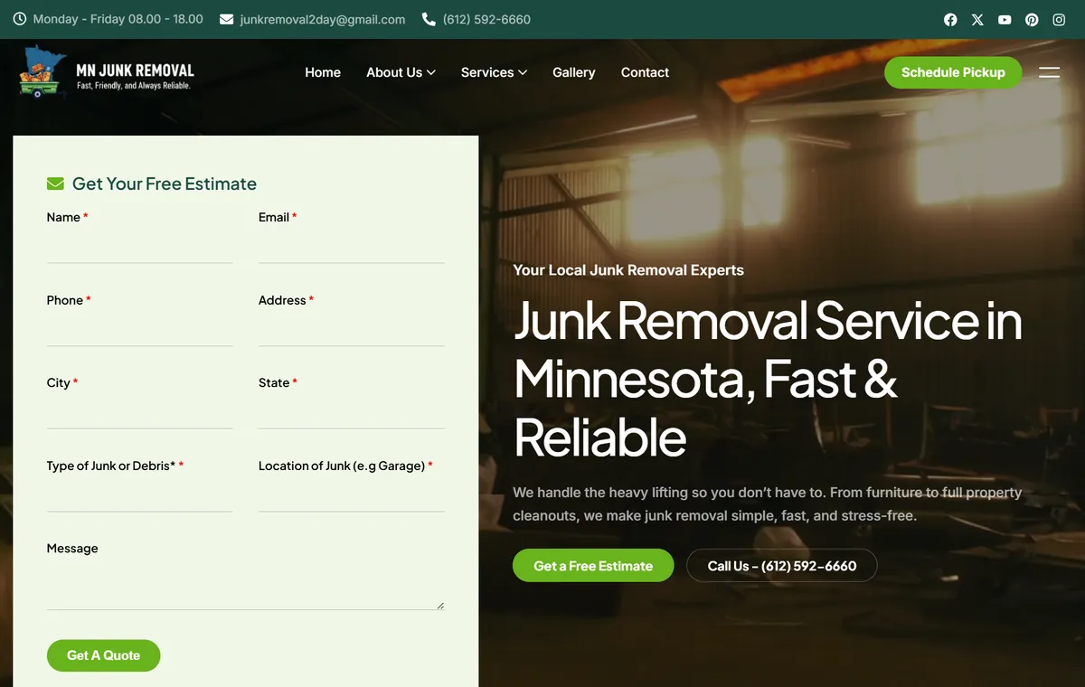 Full page design of the MN Junk Removal website built by KeyGrow, with the free estimate form beside the service headline and the service list below.