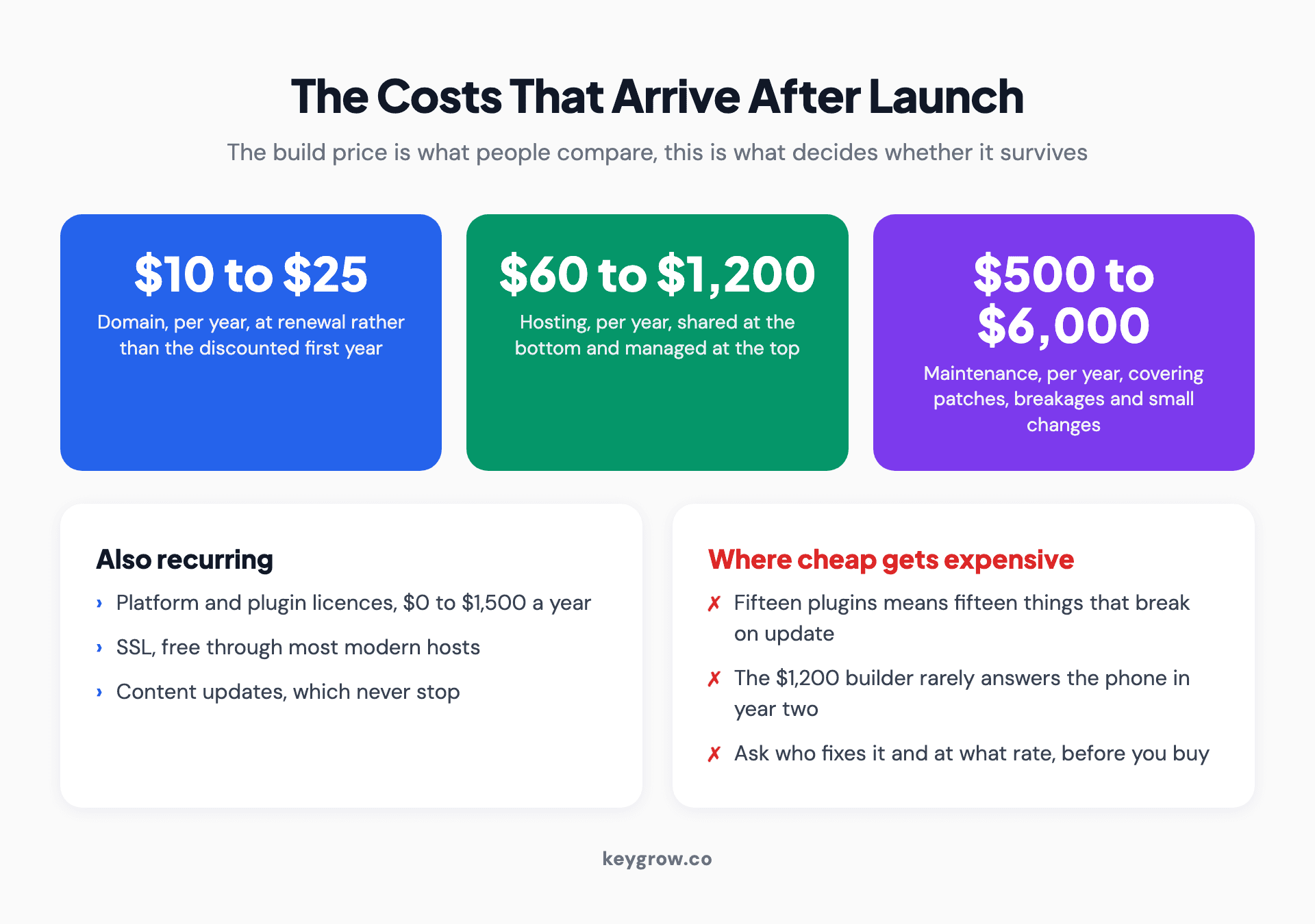 Ongoing website costs after launch, covering hosting, domain, licences, maintenance and content updates.