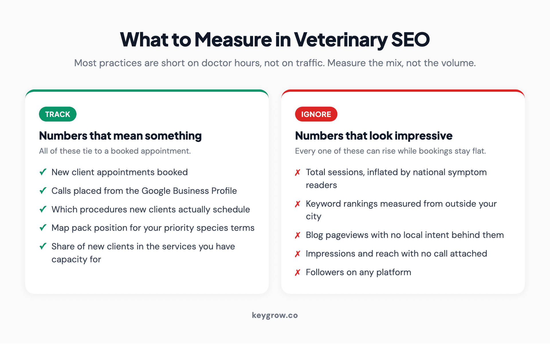 What to track in veterinary SEO, and the numbers that look impressive without meaning anything.