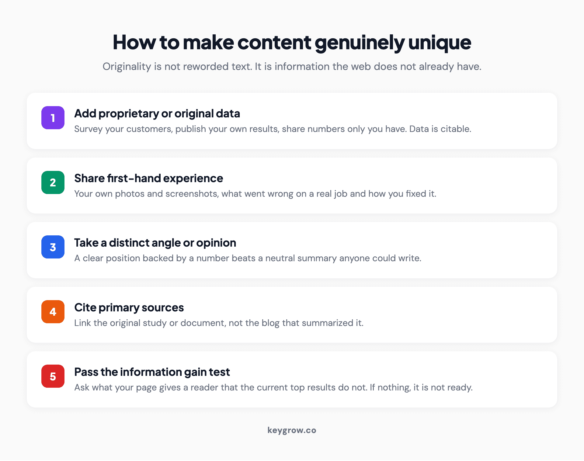 Infographic checklist of five ways to make content genuinely unique for SEO: add proprietary or original data, share first-hand experience with your own photos and screenshots, take a distinct angle or opinion, cite and link primary sources, and add information gain beyond what the top results already say.
