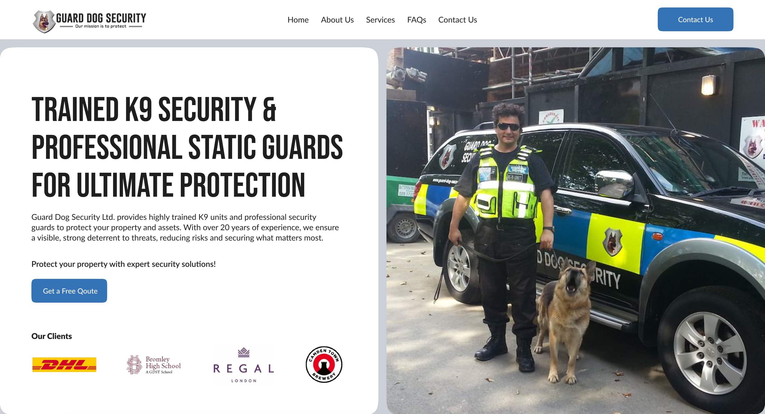 Guard Dog Security Hero Section with K9 Unit