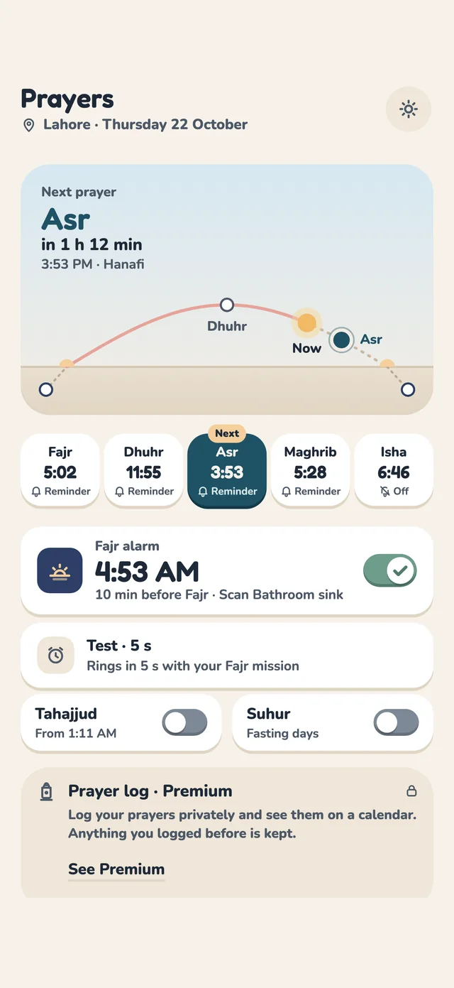 Daywick prayer times and Fajr alarm screen