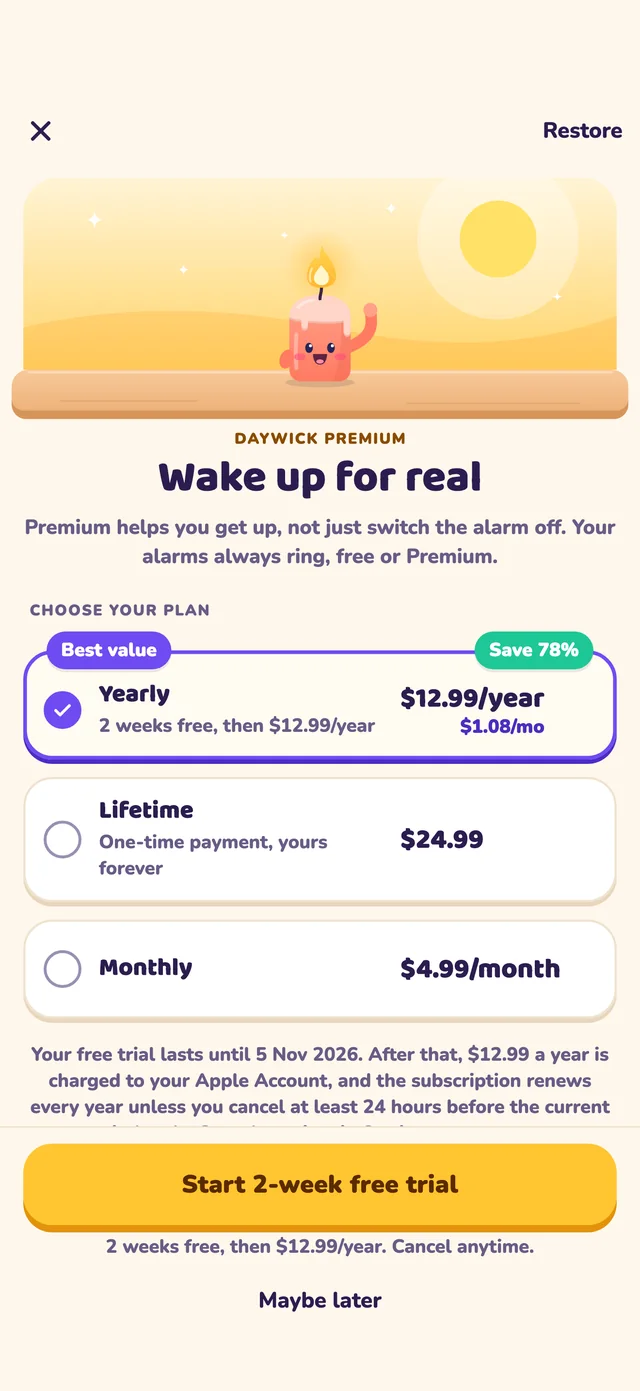 Daywick Premium plan options