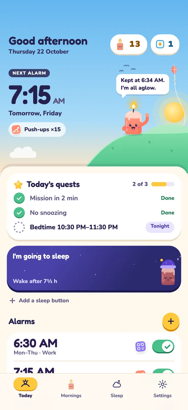 Daywick Today screen showing the next alarm and morning streak